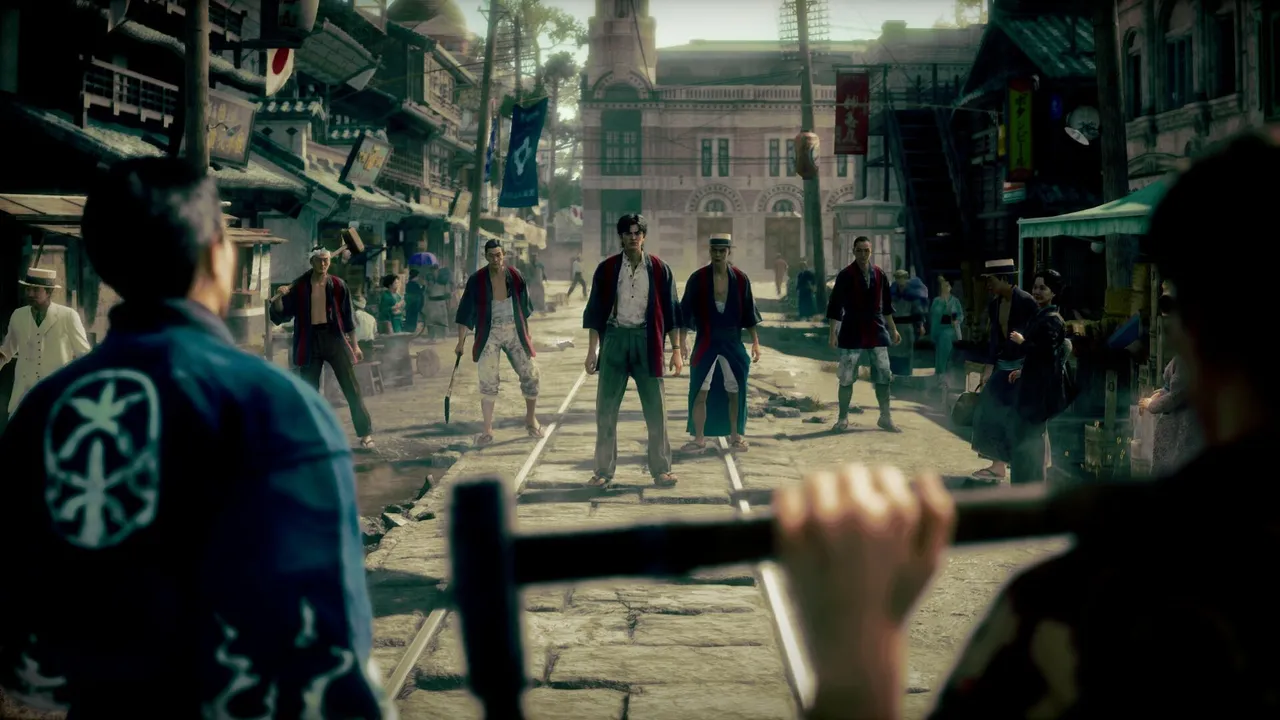 Stranger Than Heaven combat — Makoto fighting multiple enemies in a crowded street
